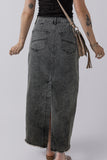 Dark Grey Denim Raw Hem Back Split High Waist Long Skirt