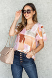 Color Block Ruffled Short Sleeve V Neck T-shirt