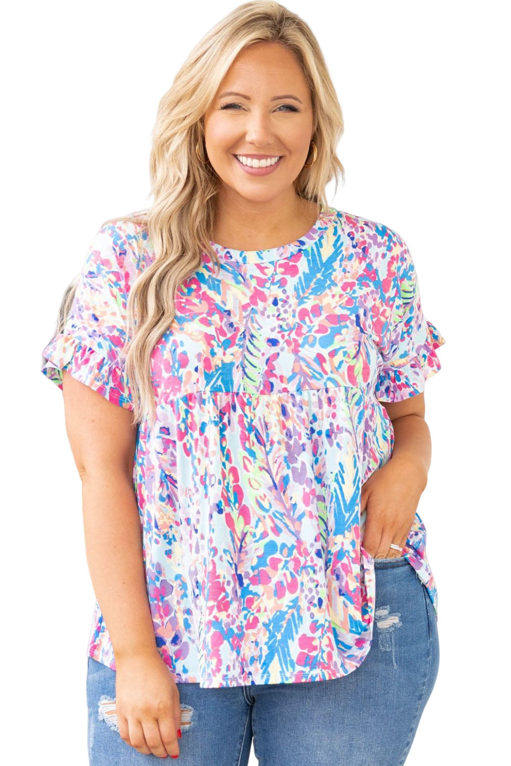 Printed Wide Neck Thumbhole Sleeve Henley Top