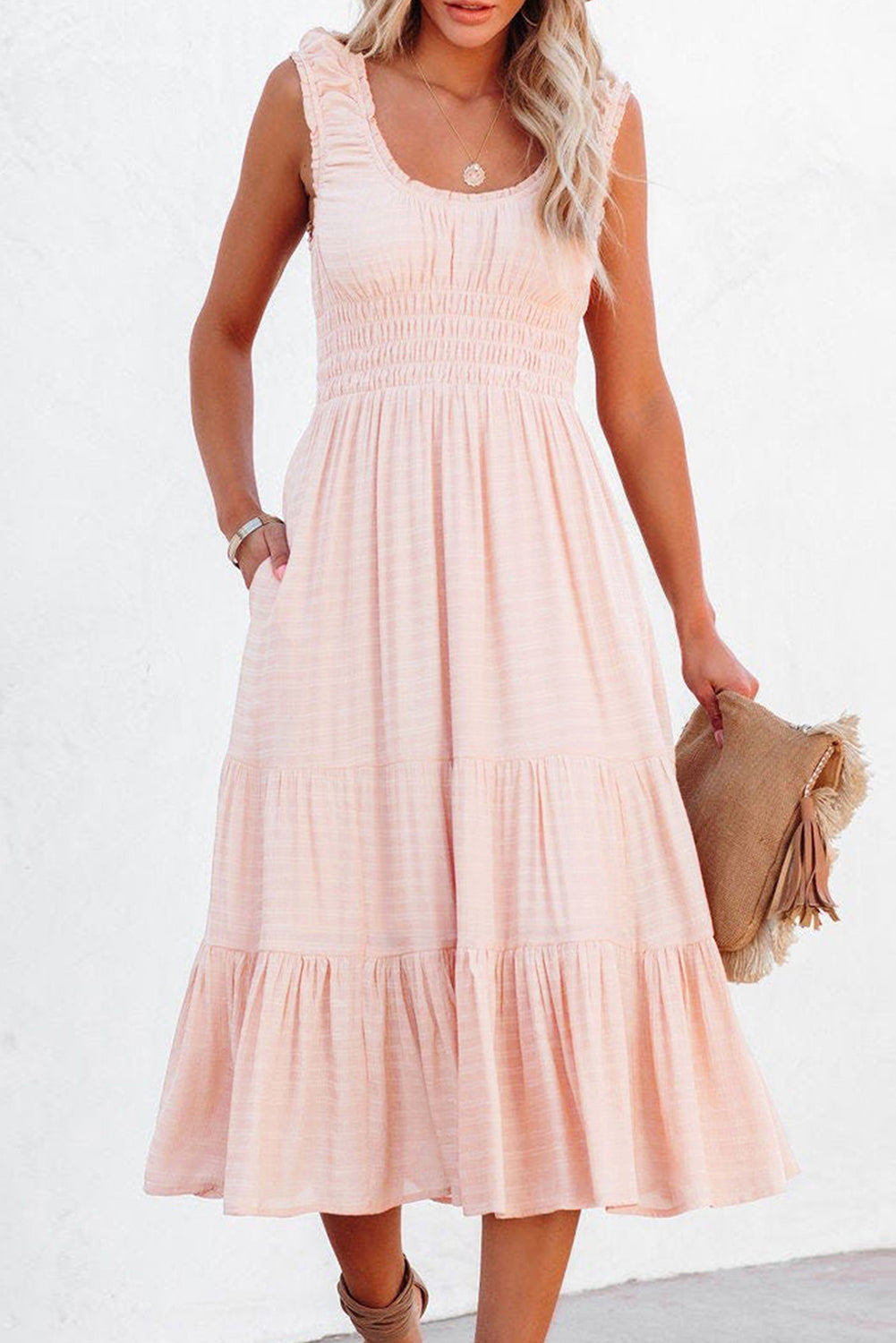 Smocked Ruched Sleeveless High Waist Midi Dress