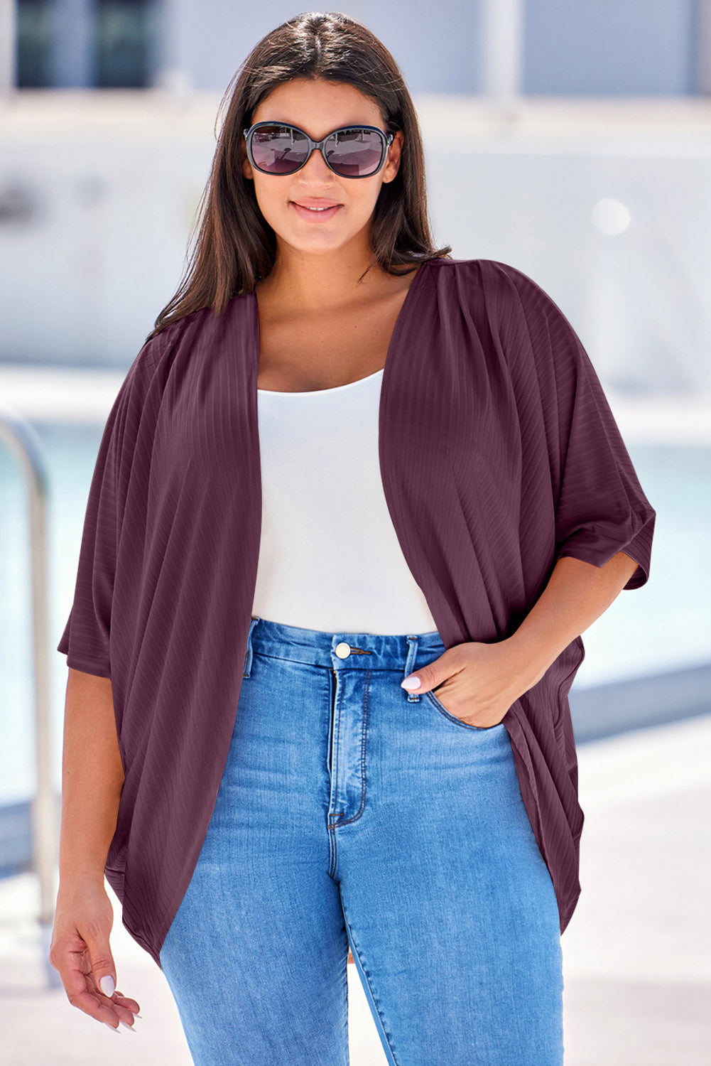 Apricot Shimmer Ribbed Texture Plus Size Cardigan