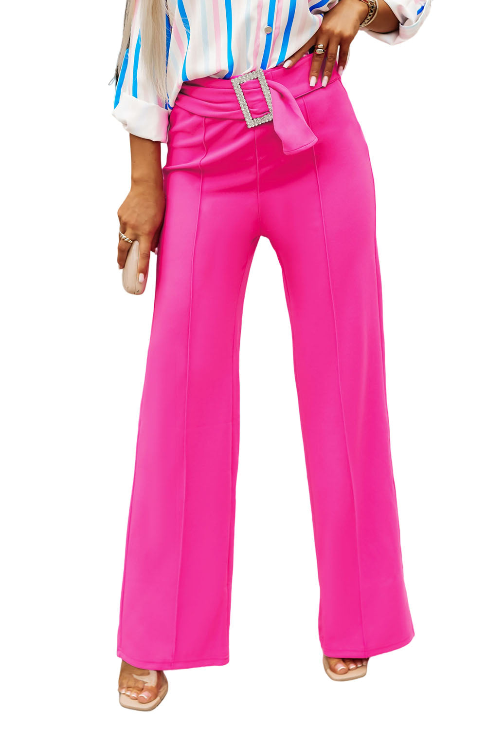 Rhinestone Buckle Sash Wide Leg Pants