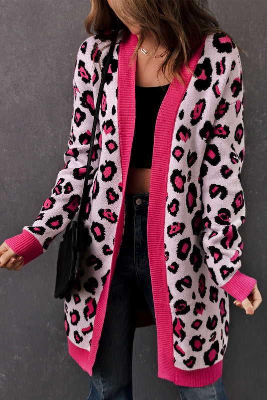 Leopard Ribbed Trim Knitted Open Front Long Cardigan