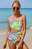 Multicolor Abstract Swirl Print Asymmetric Cutout One Piece Swimsuit