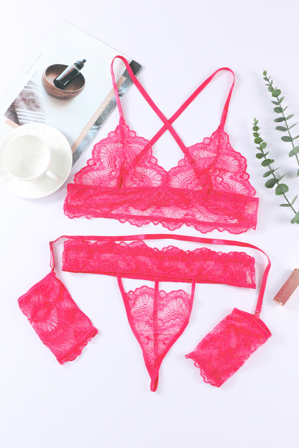 Lace Hollow-out 3pcs Bralette Set with Cuffs