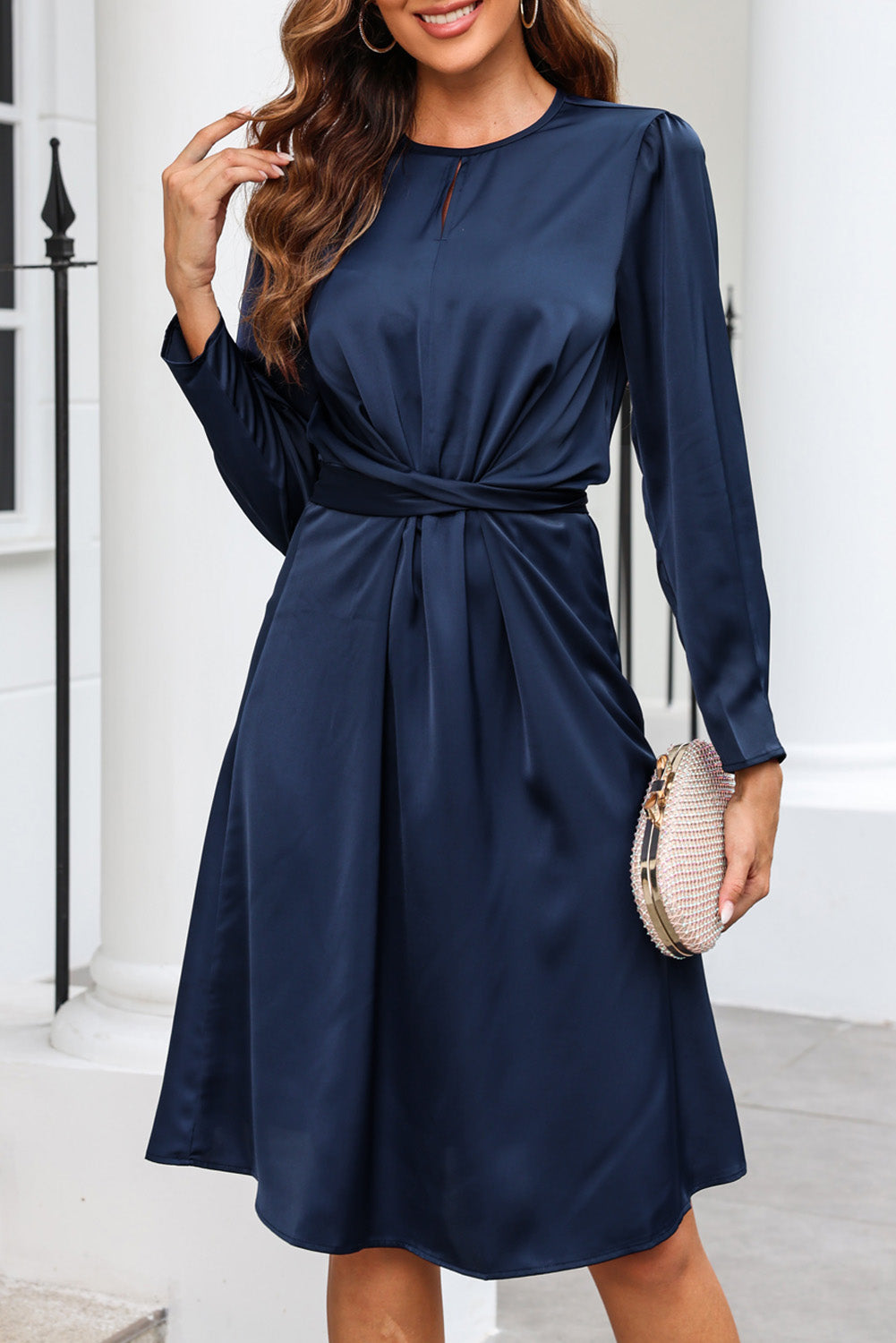 Twist Front Tie Back Long Sleeve Satin Dress