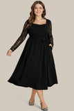 Plus Size Sheer Lace Sleeve Belted Ruffle Midi Dress