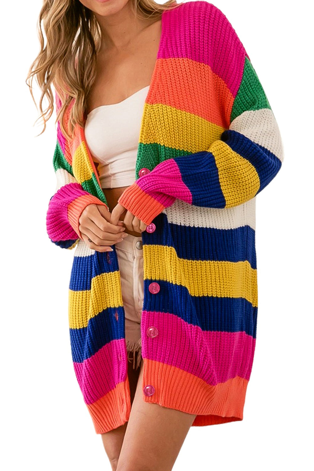 Cardigan long imprimé à rayures multicolores