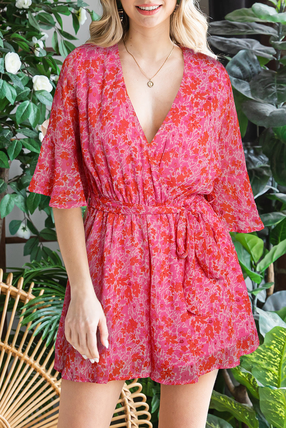 V Neck Ruffled Sleeve Floral Romper