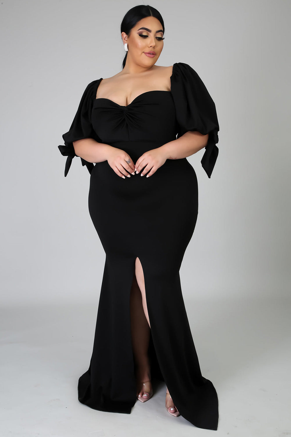 Bow Tie Puff Sleeve Plus Size High Slit Maxi Dress