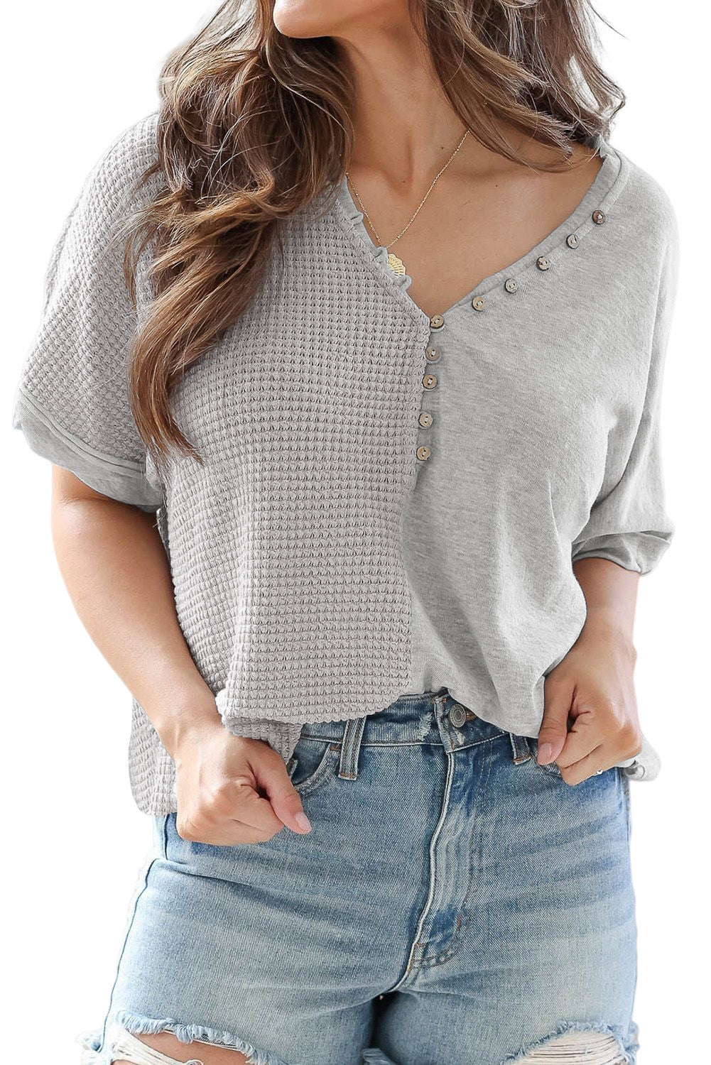 Waffle Knit Patchwork Buttoned Short Sleeve Top