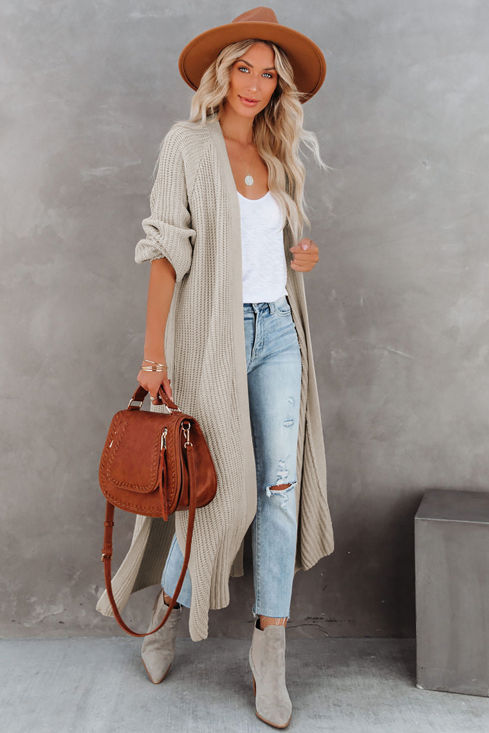 Beige Open Front Side Slit Duster Knit Cardigan