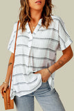 Striped Print Loose V Neck Short Sleeve Shirt with Slits