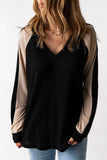 V Neck Contrast Block Waffle Knit Top