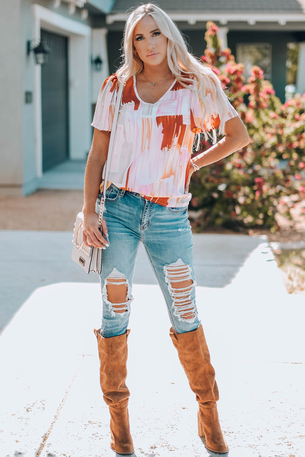 Color Block Ruffled Short Sleeve V Neck T-shirt