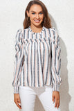 Striped Colorblock Puff Sleeve Frilled Neck Blouse