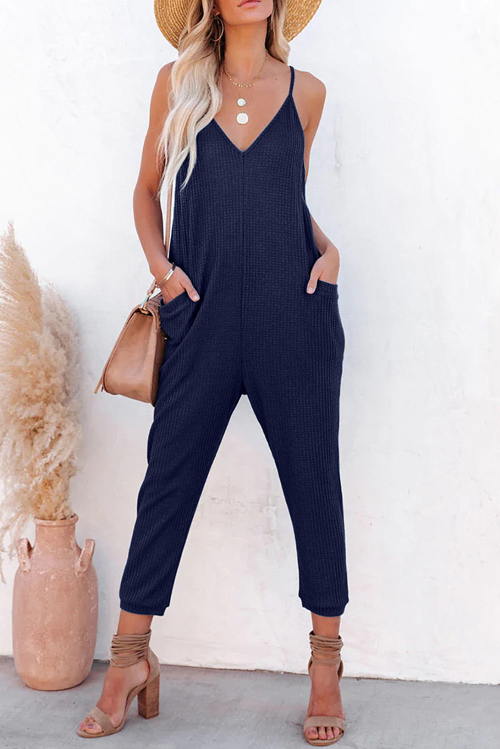 Textured Sleeveless V-Neck Pocketed Casual Jumpsuit