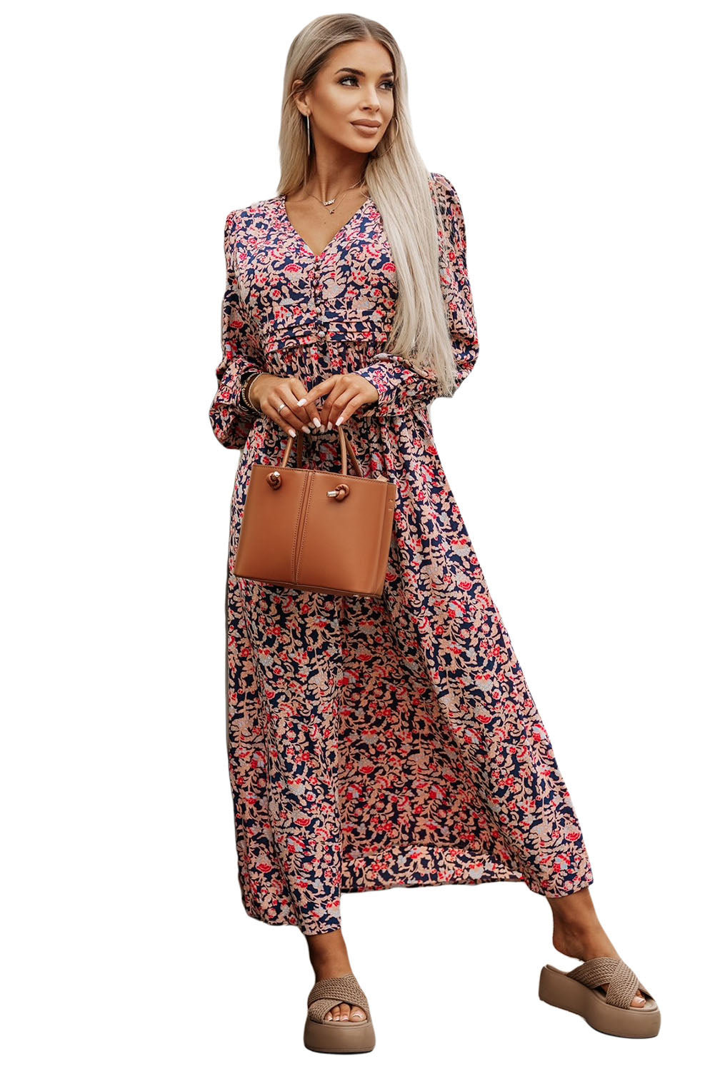 Boho Floral Print Buttons Deep V Neck Maxi Dress