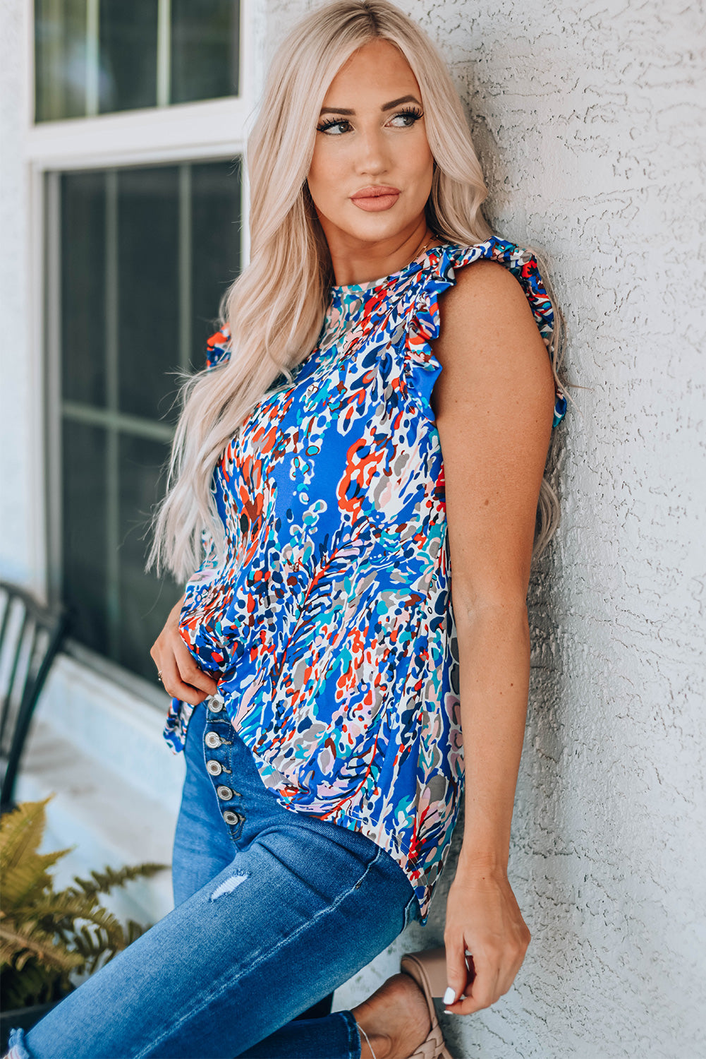 Floral Print Tank Top with Ruffles