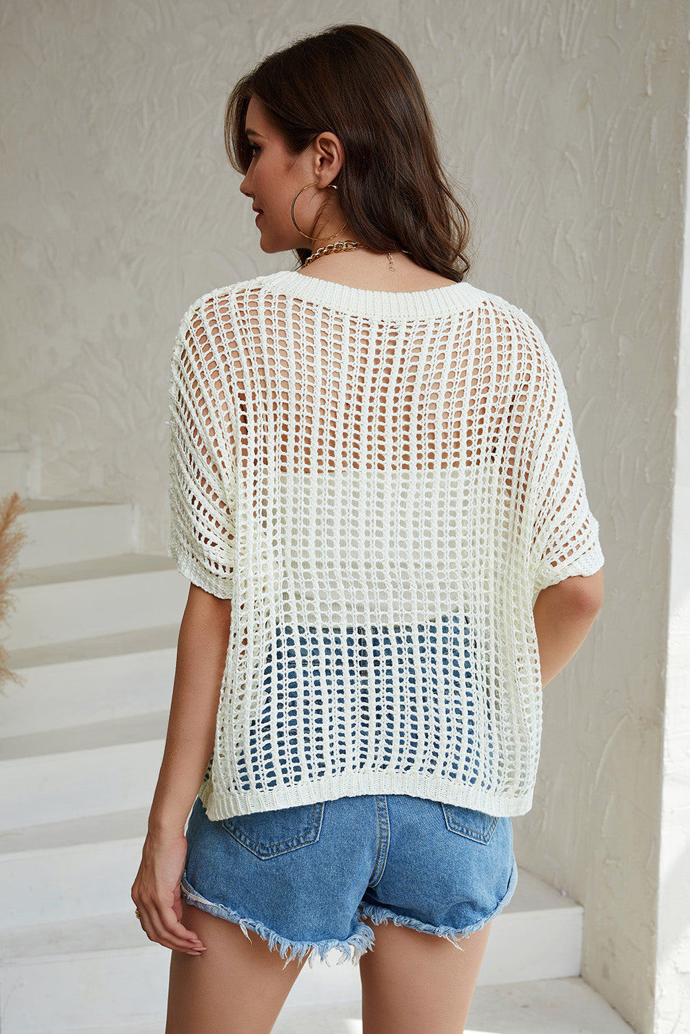 Fishnet Knit Ribbed Round Neck Short Sleeve Sweater Tee