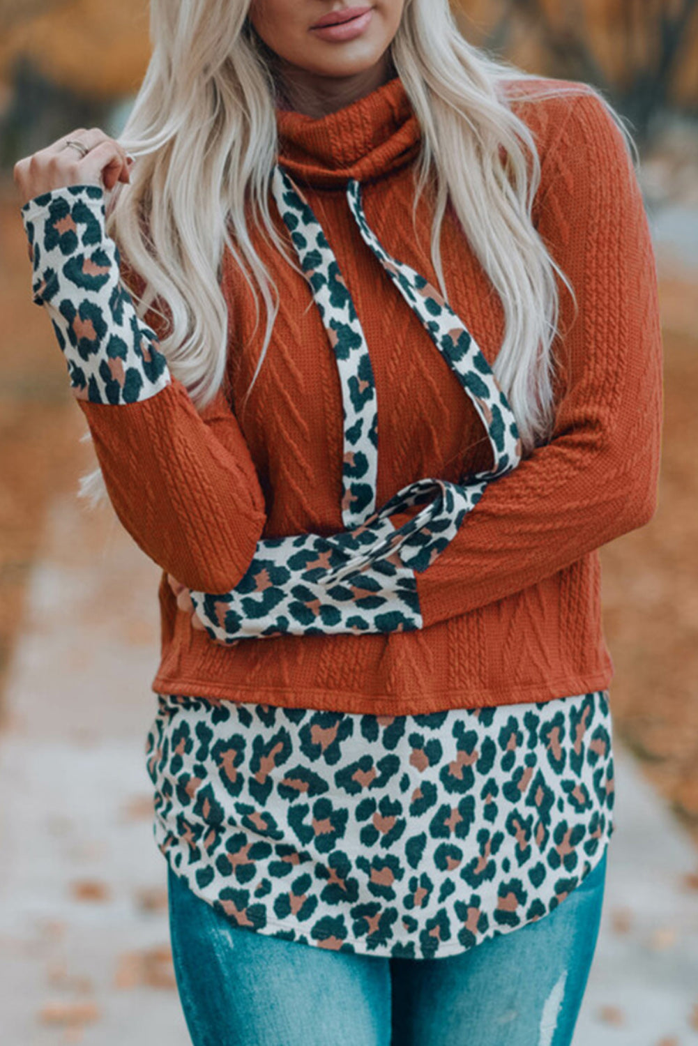 Leopard Patchwork Cowl Neck Knit Top