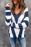 Blue Striped Colorblock V Neck Knitted Sweater