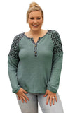 Green Leopard Waffle Knit Buttoned V Neck Blouse