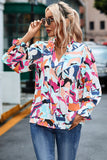 Abstract Print Frill Tie V Neck Long Sleeve Blouse