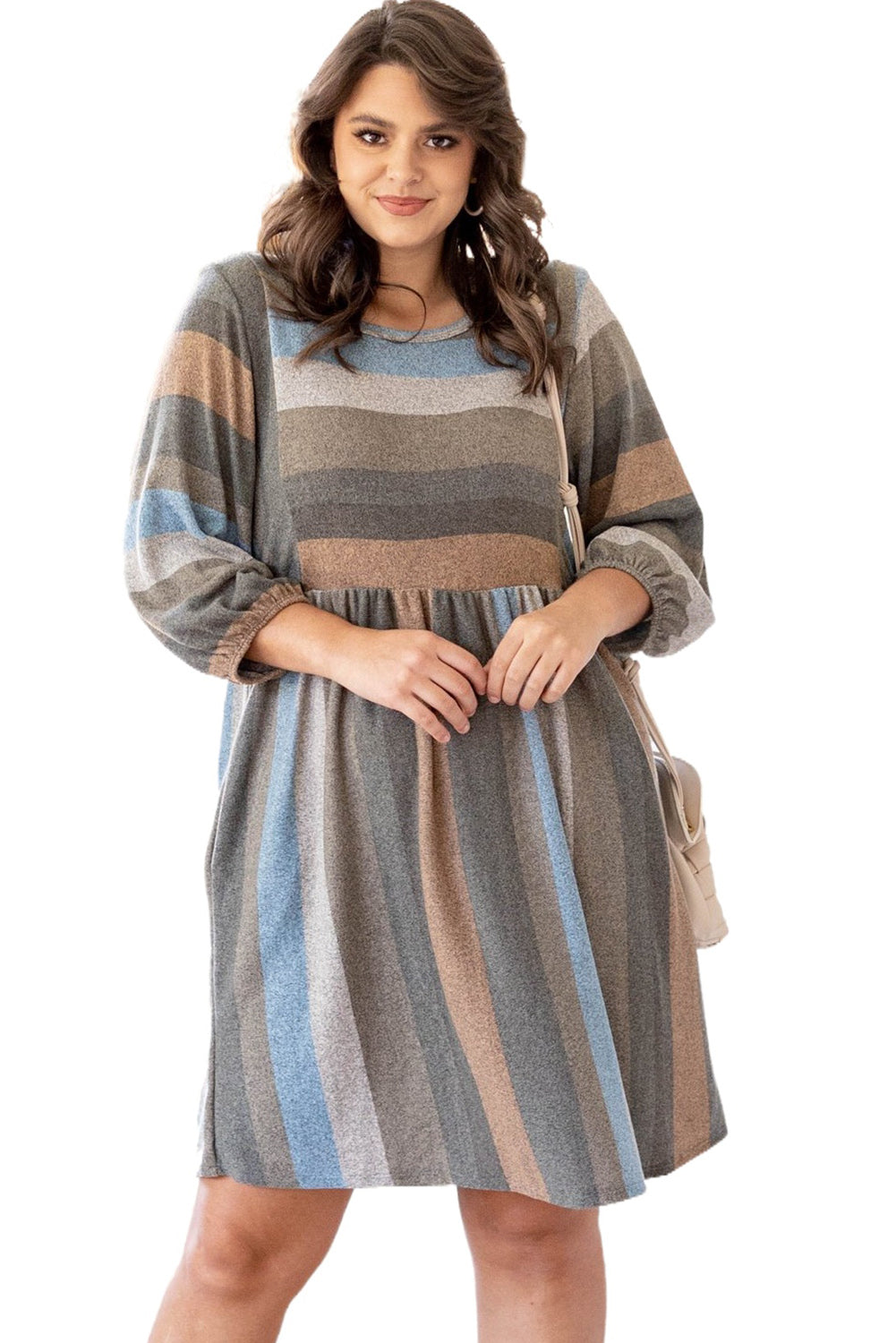 Plus Size 3/4 Sleeves Striped Print Empire Waist Dress