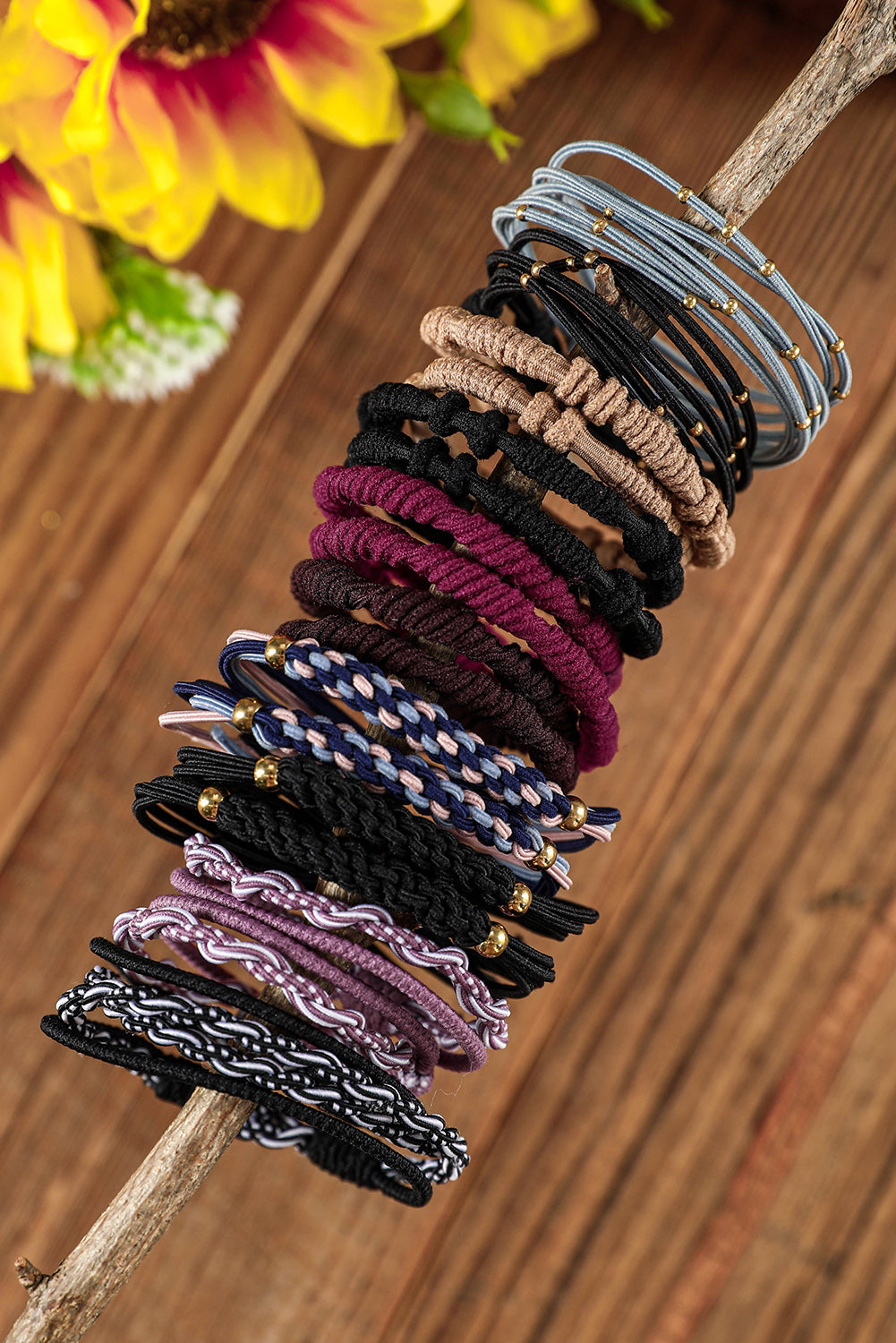 Black Multicolour 20pcs Boho Knotted Hair Ties