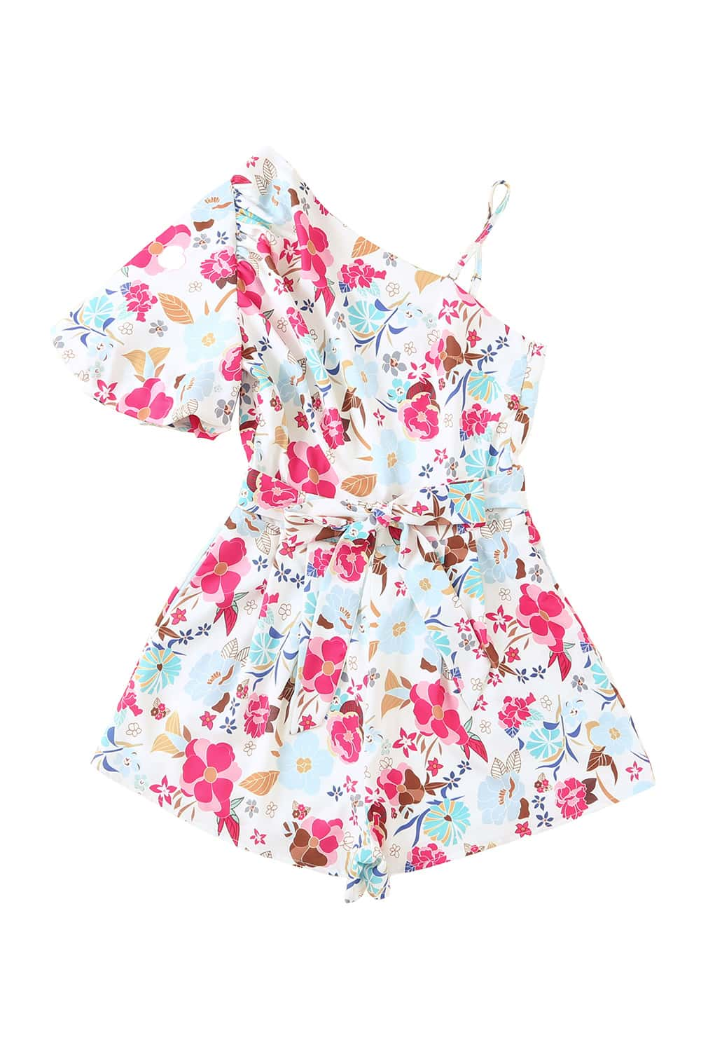 Floral Single Bubble Sleeve Slant Shoulder Romper