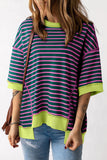 Orange Stripe Oversized Contrast Trim Exposed Seam High Low T Shirt