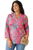 Rose Plus Size Paisley Print V Neck Roll Tab Sleeve Blouse