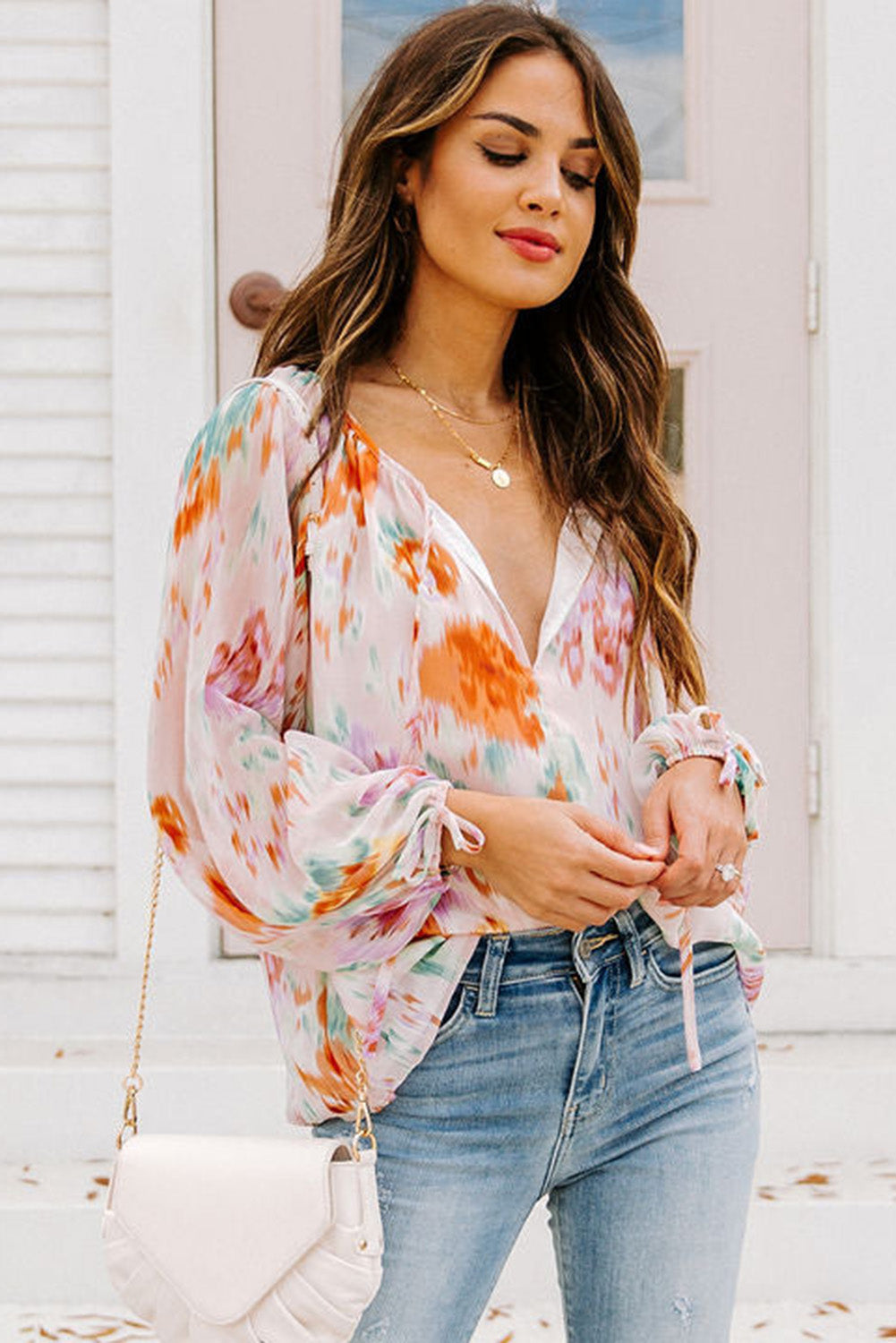 Abstract Print Split Neck Puff Sleeve Blouse