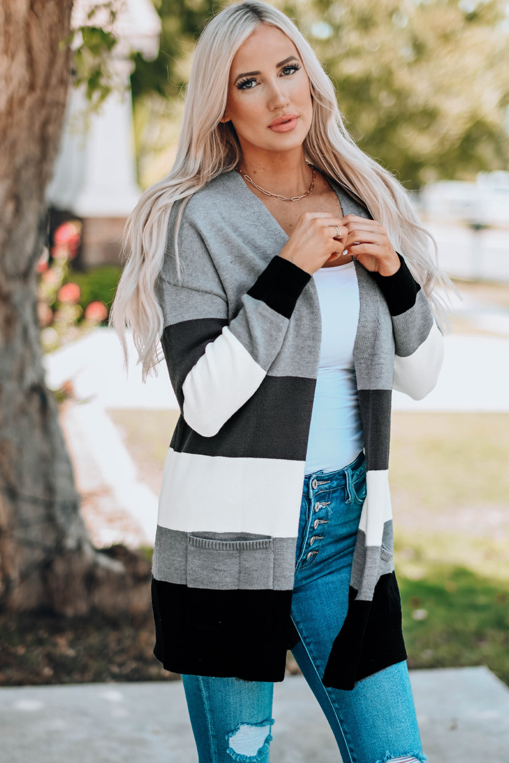 Open Front Colorblock Cardigan with Pockets