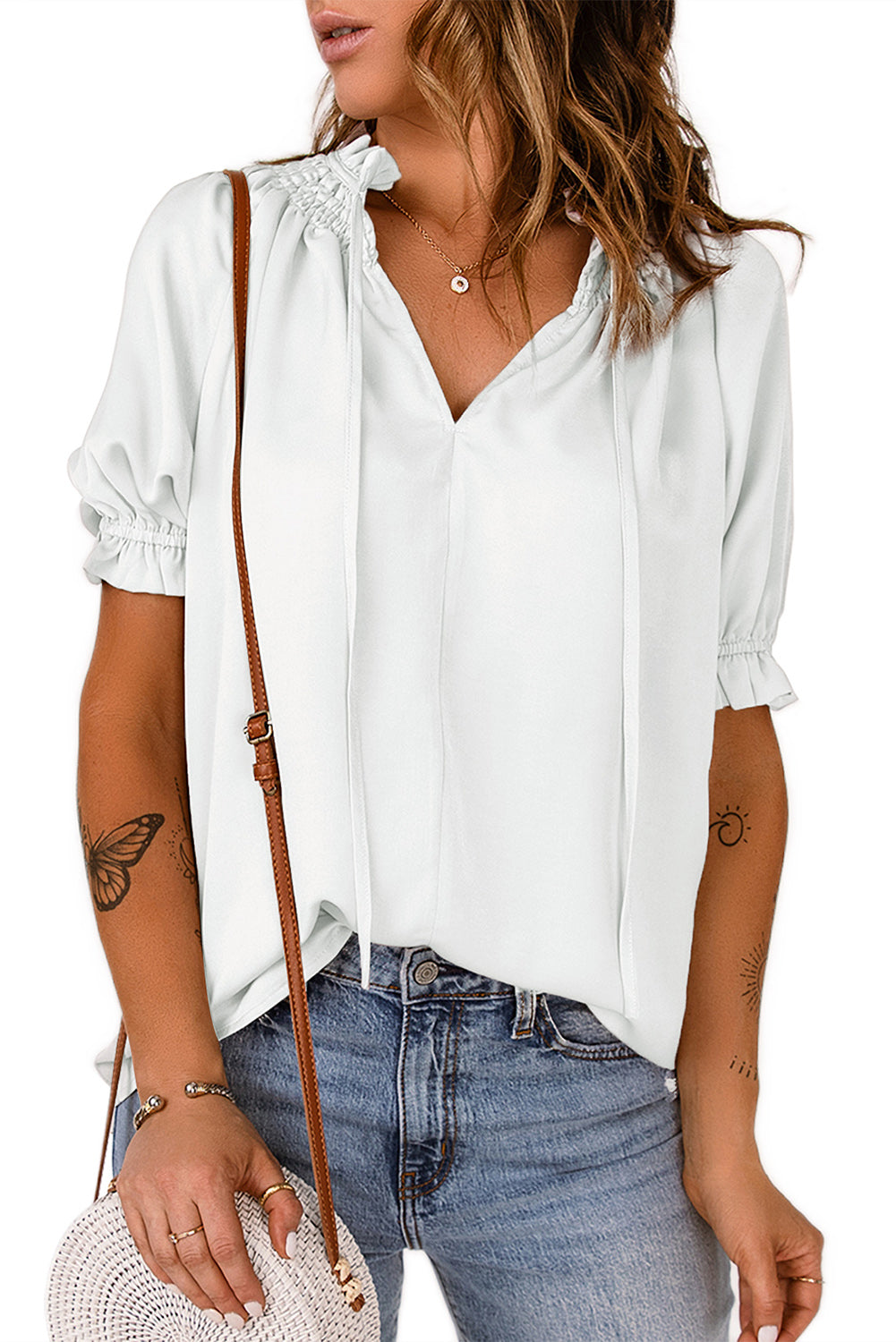 Split Frill Neck Puff Sleeve Blouse