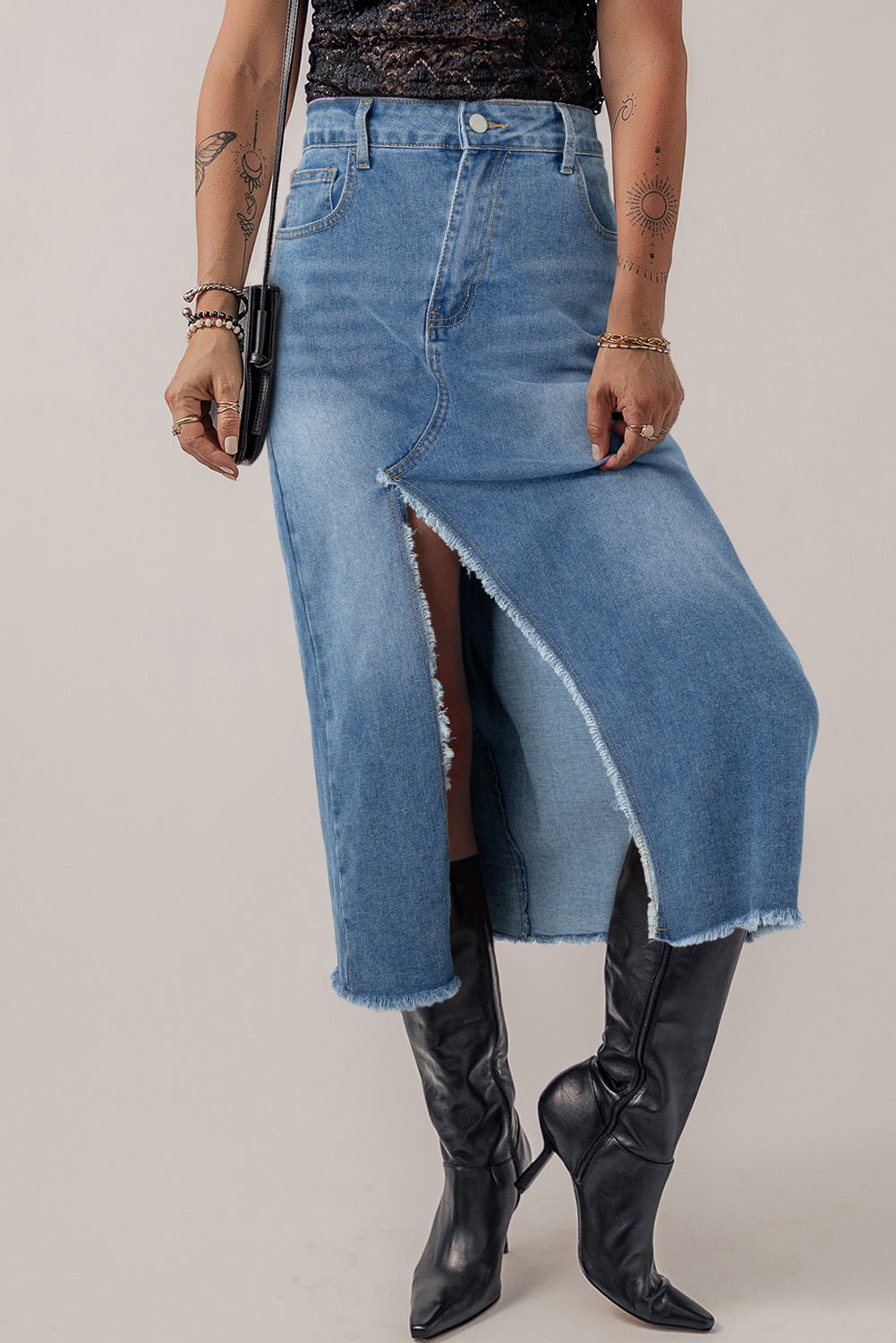 Light Blue Frayed Slit Asymmetric Denim Midi Skirt