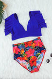 Floral Ruffled Hem High Waist Bikini Set