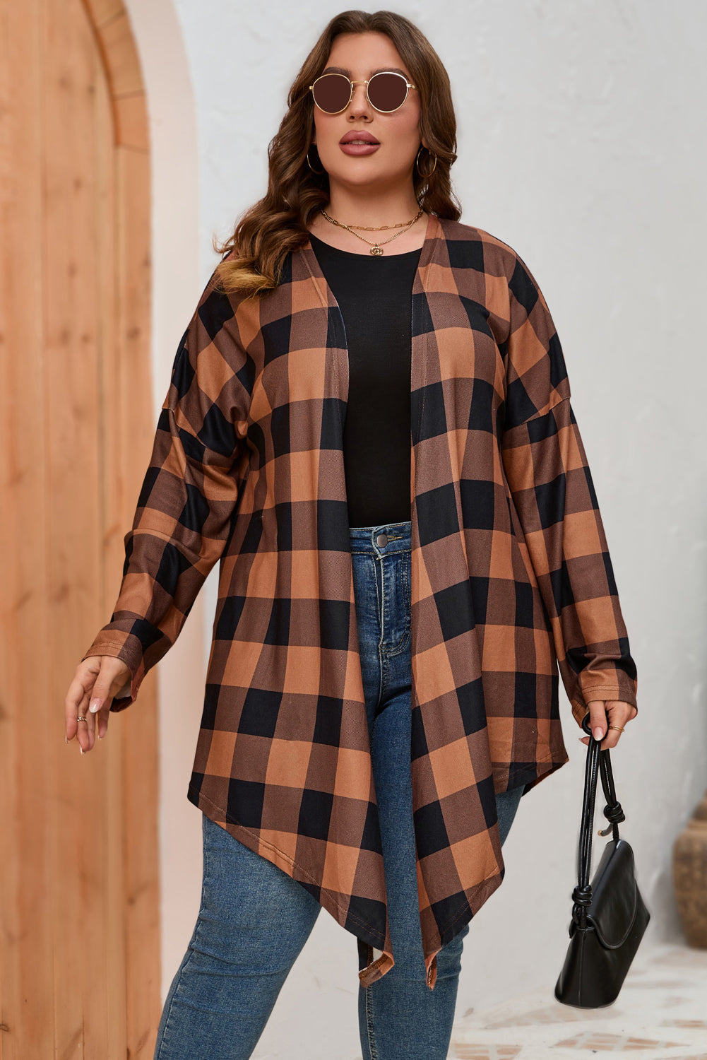 Plus Size Plaid Pattern Open Front Cardigan