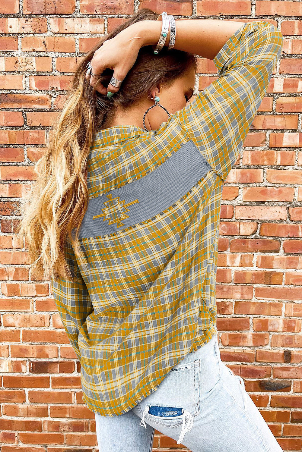 Ginger Plaid Embroidery Patch Button-Down Shacket