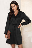 Lace Trim V Neck Tie Waist Long Sleeve Dress