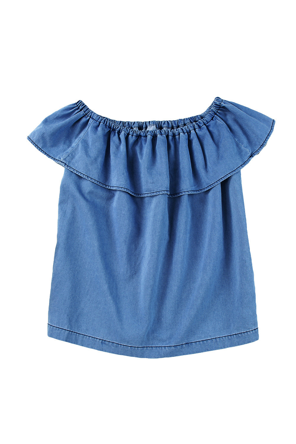 Off-the-shoulder Ruffled Denim Top