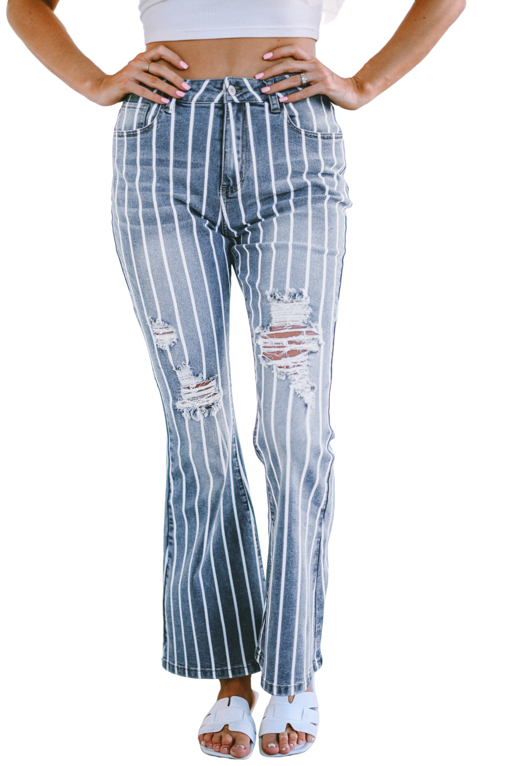 Vertical Striped Ripped Flare Jeans