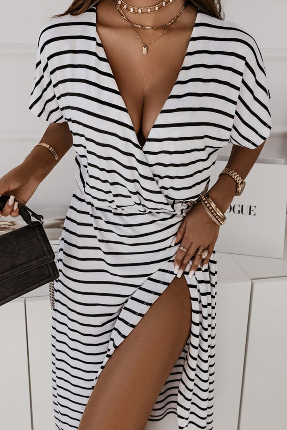 Stripe Wrapped V Neck Short Sleeve Split Dress