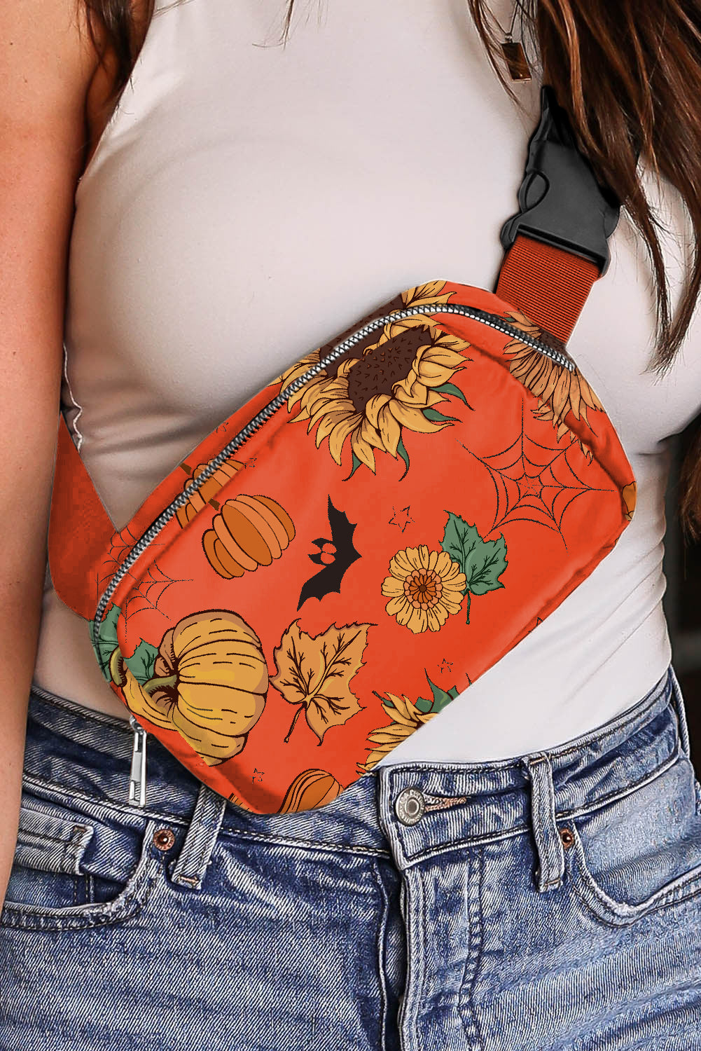 Orange Pumpkin Sunflower Halloween Graphic Crossbody Bag