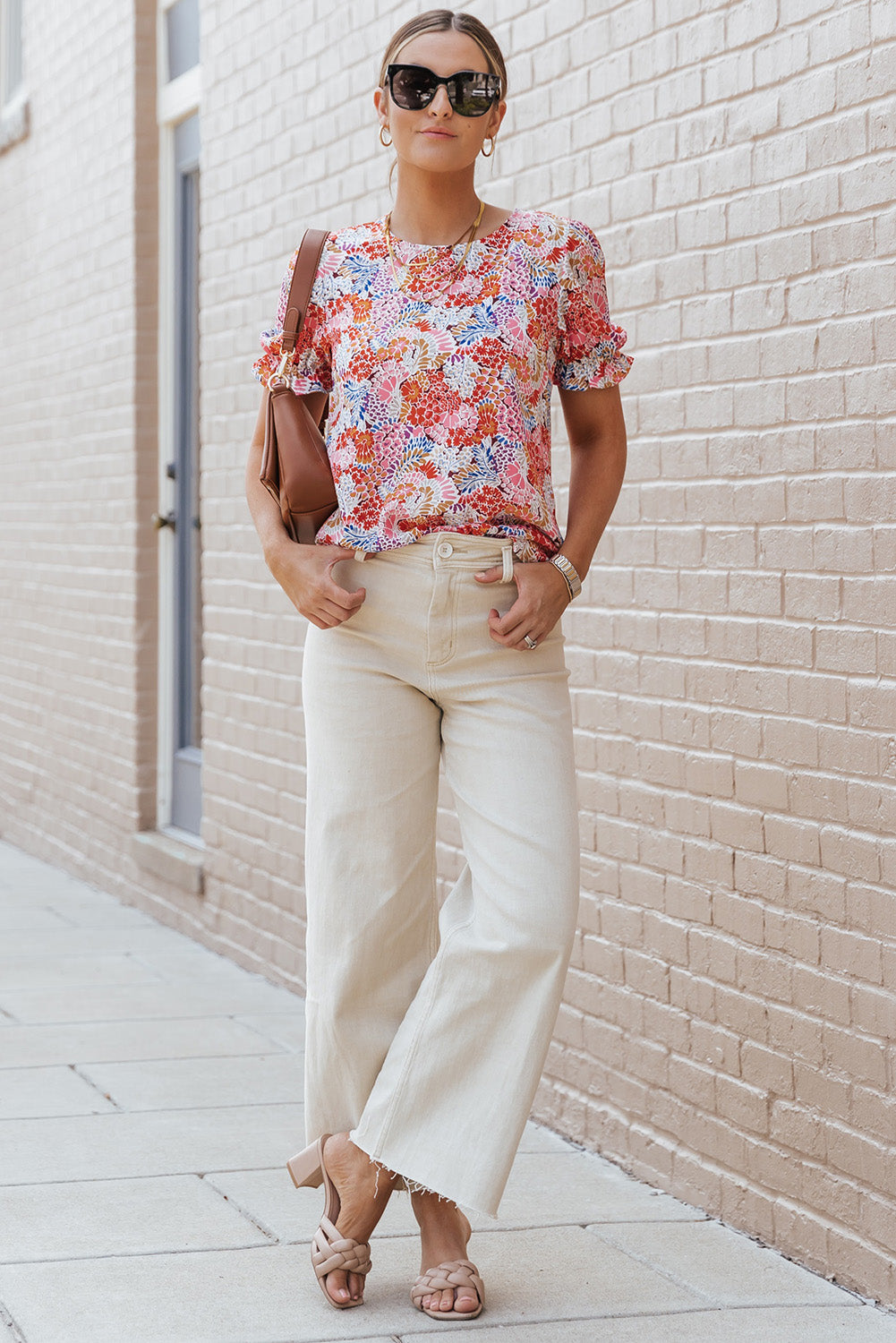 Blouse multicolore à col en V et manches longues à fleurs style bohème