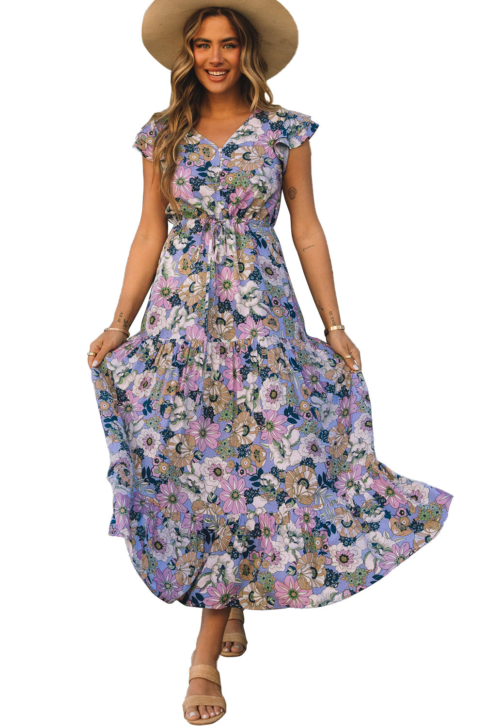 Robe longue à fleurs violette avec manches à volants superposées