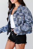 Black Checkered Patchwork Button up Denim Jacket