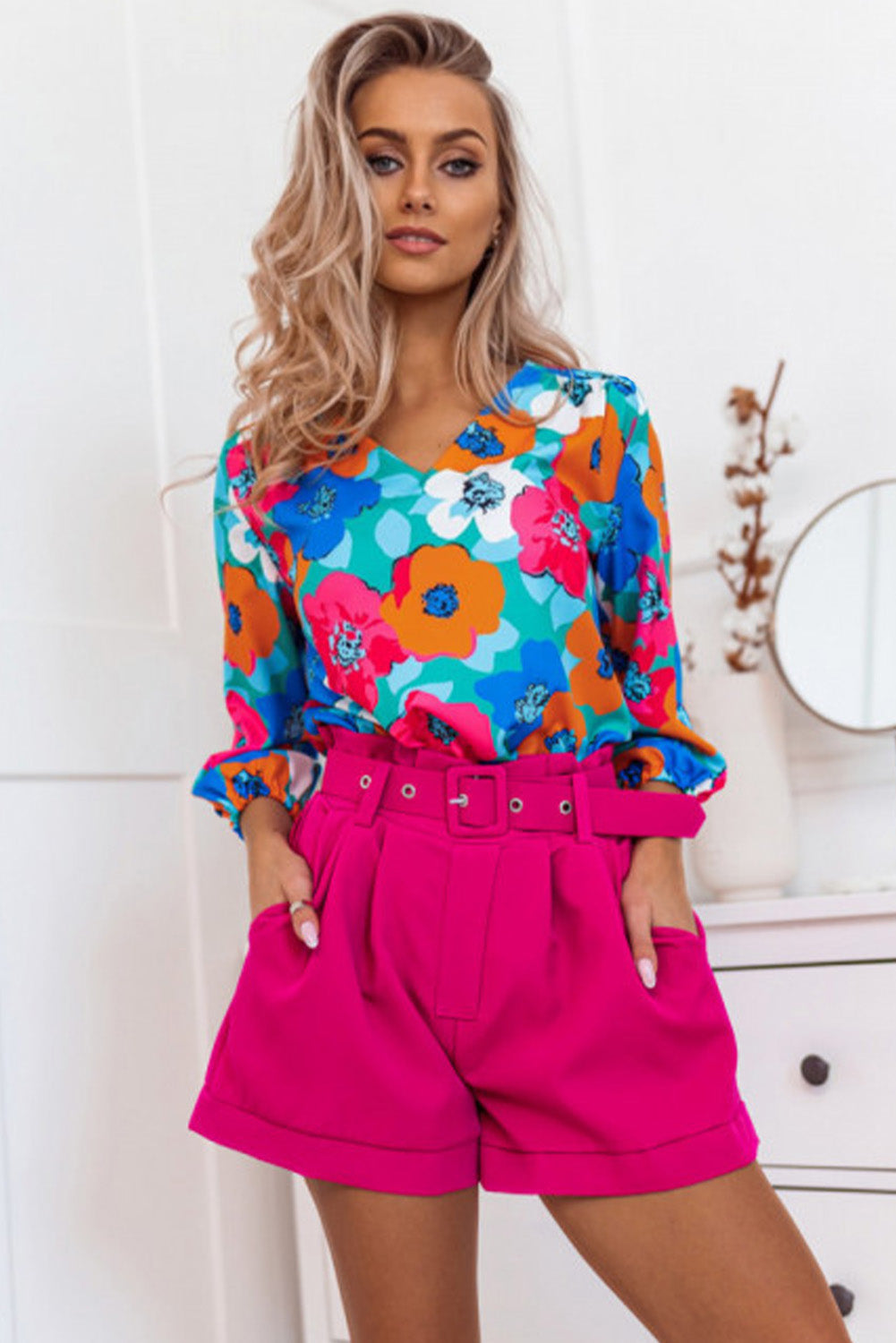 Rose Multicolor Floral Print V Neck 3/4 Sleeve Blouse