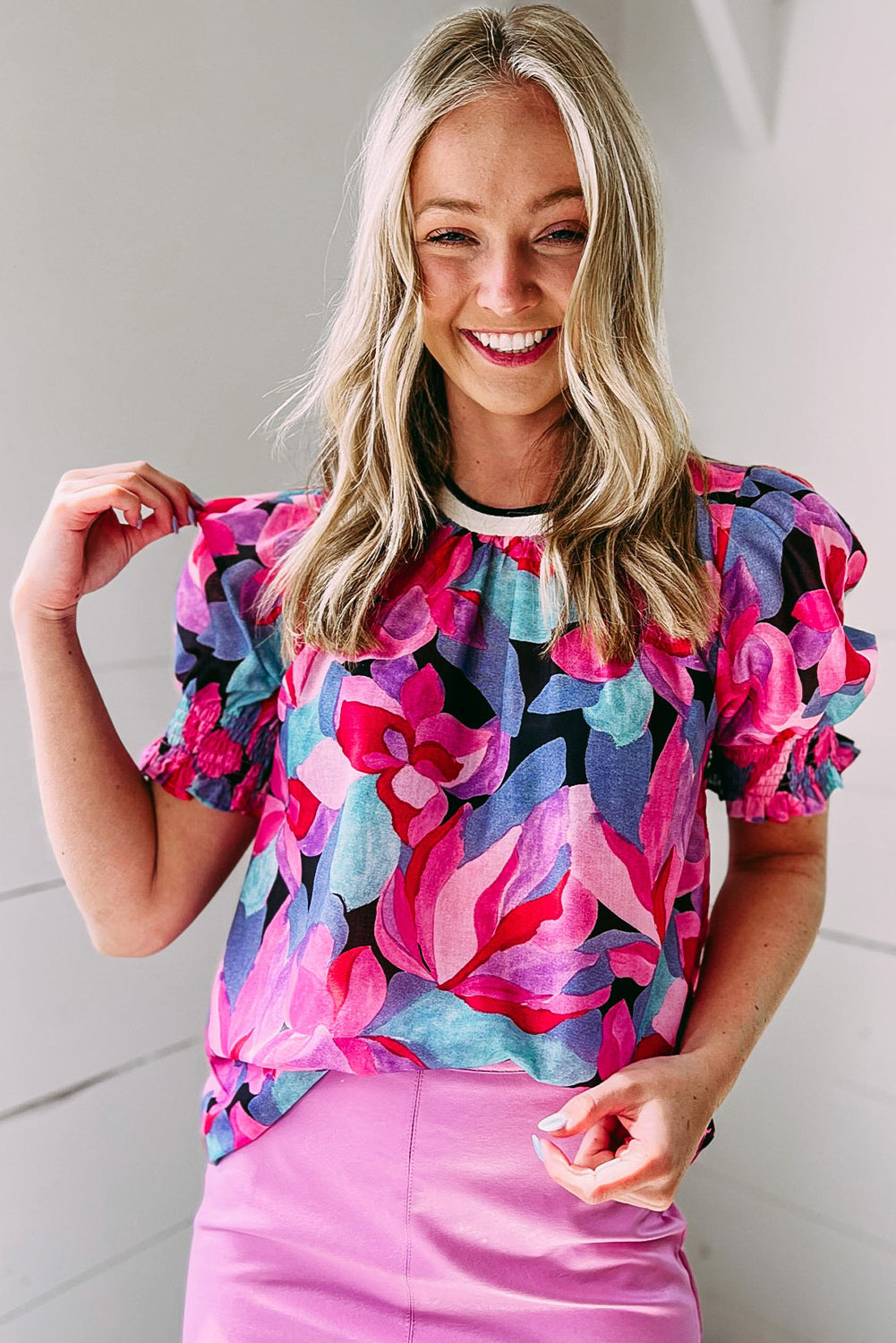 Red Floral Print Shirred Puff Sleeve Blouse